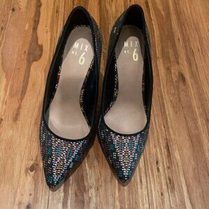 MIX NO 6 Black Multi Geometric Print Embroidered Woven Stiletto Heels - Size 7.5